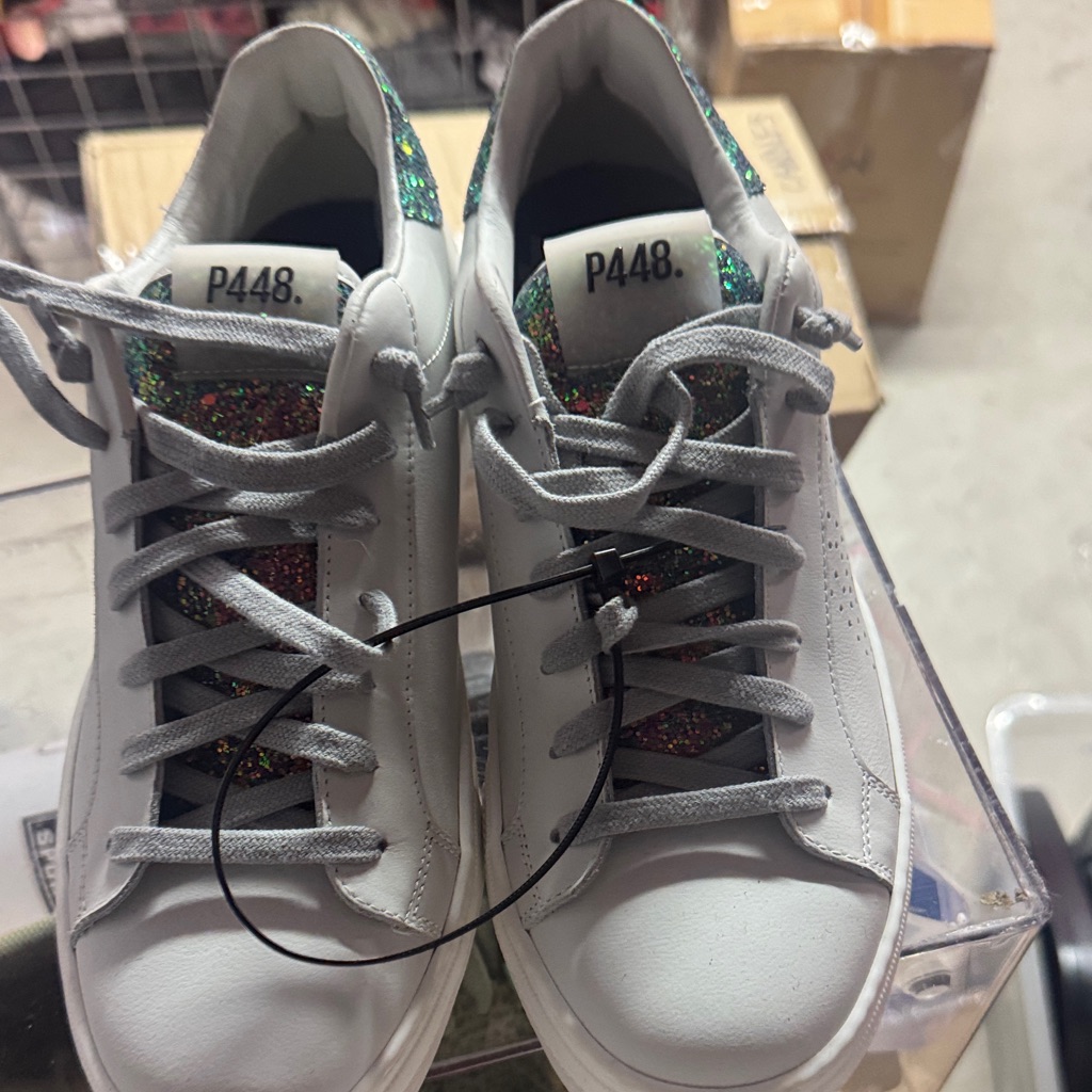 P448 White Leather Sneakers With Iridescent Green-Red Glitter Accents